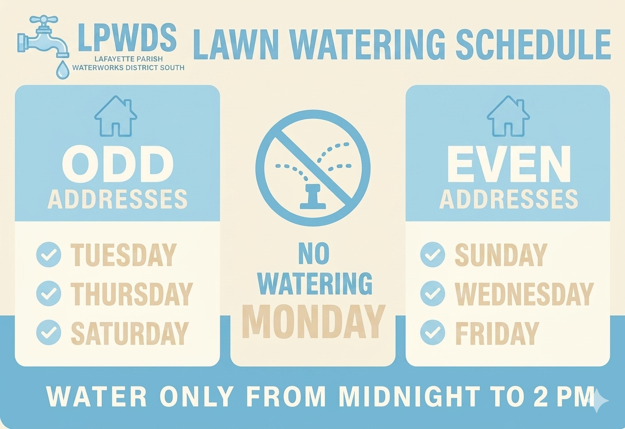 LPWDS lawn watering schedule: odd addresses Tue/Thu/Sat, even addresses Sun/Wed/Fri, no watering Monday, water only from midnight to 2 PM.